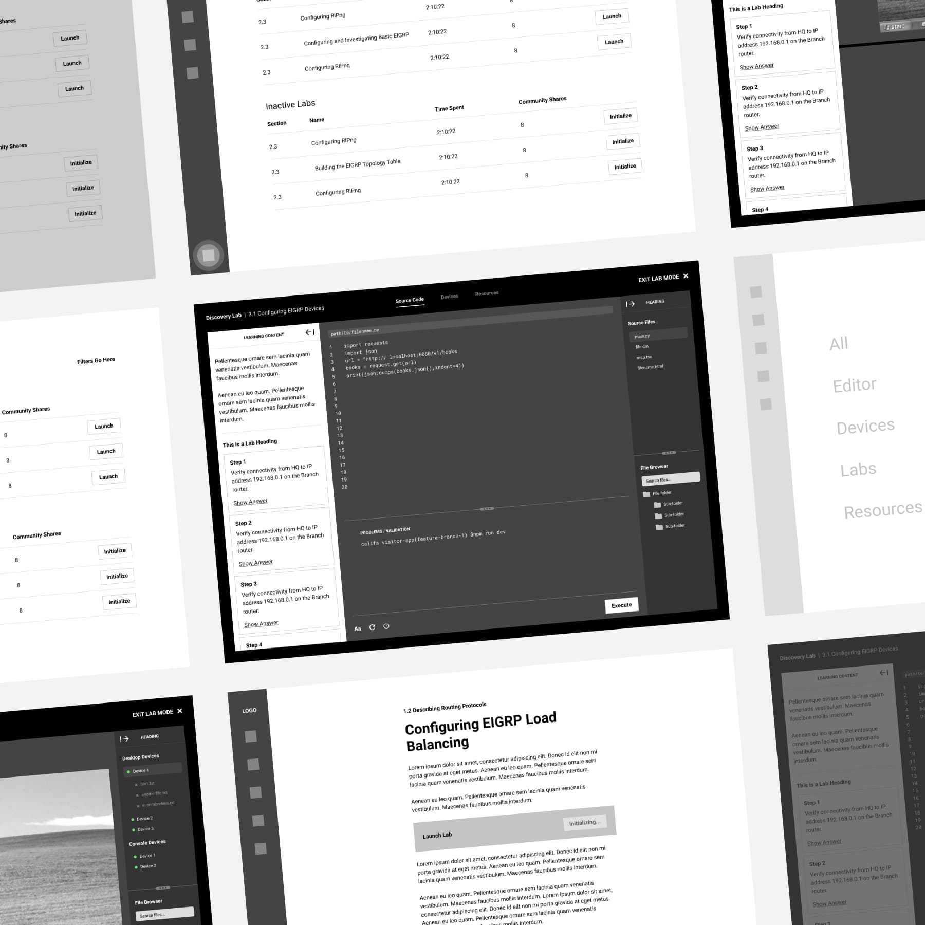 Black-and-white wireframe compositions for the course interface, including labs and text content