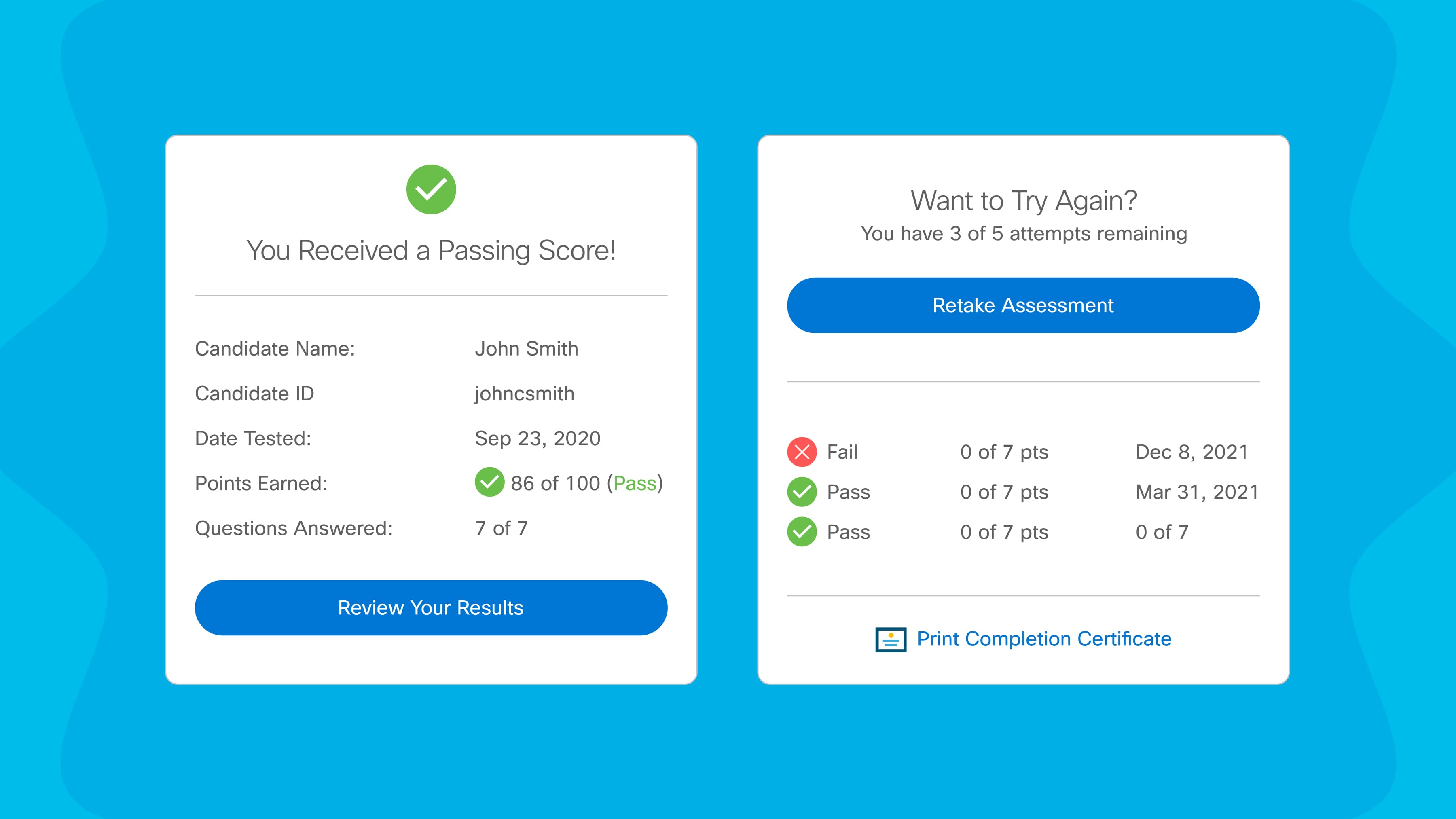 Assessment results, including stats, scores, and a completion certificate link