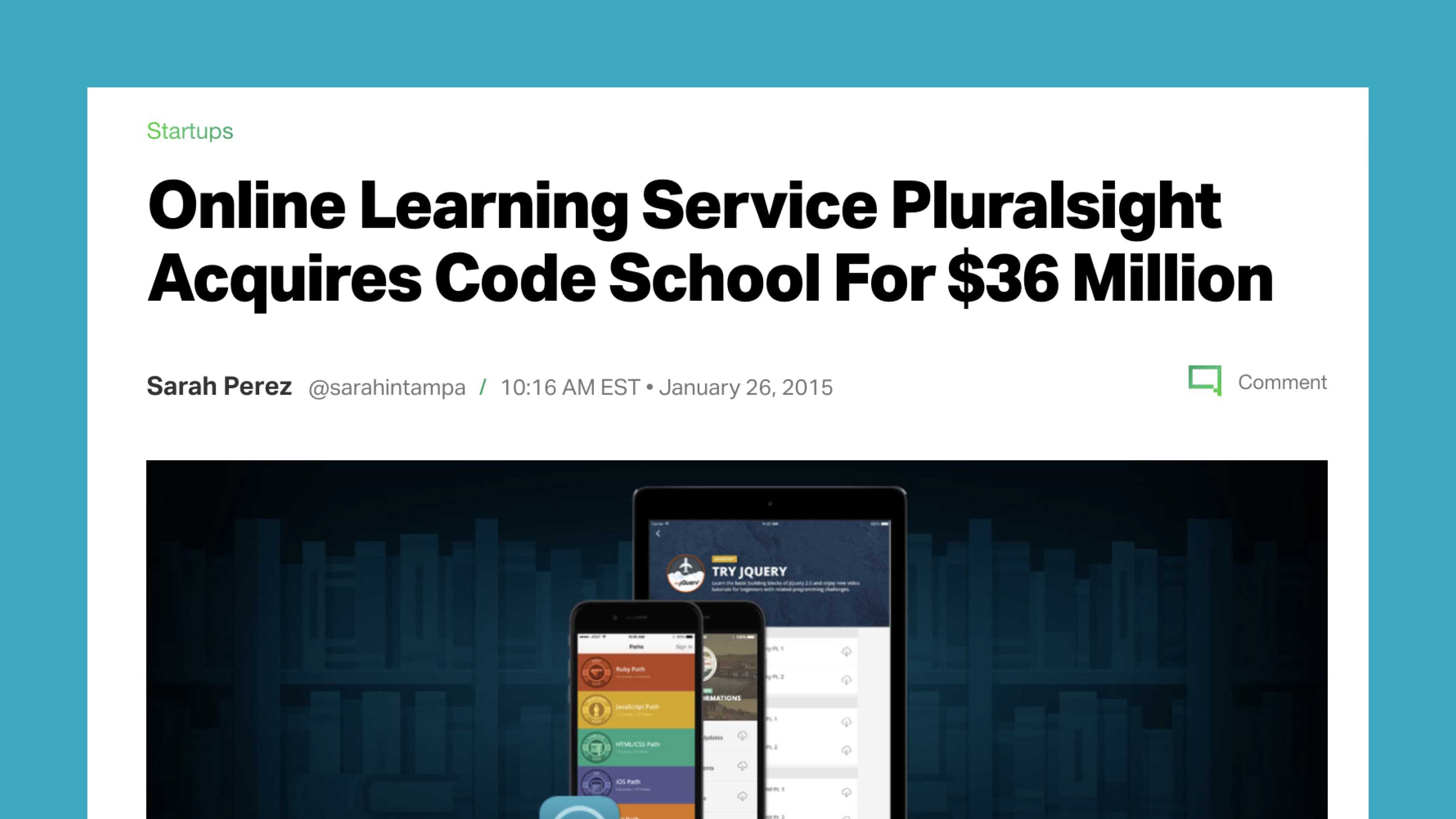 A screenshot from a TechCrunch article announcing the sale of Code School to Pluralsight for $36 million