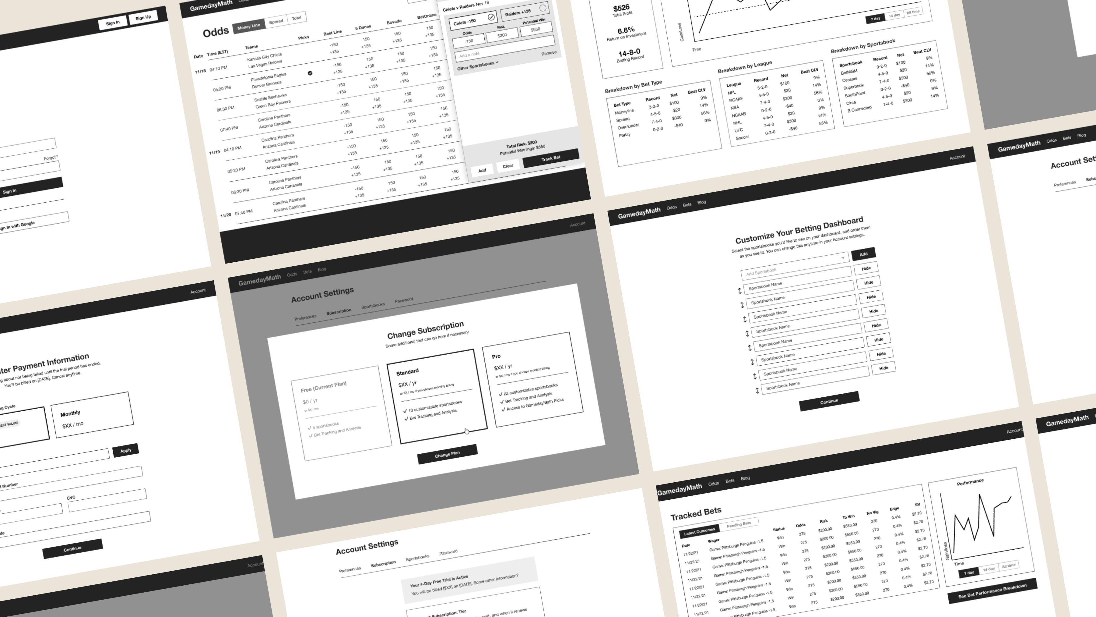 Black-and-white wireframes of user-facing pages