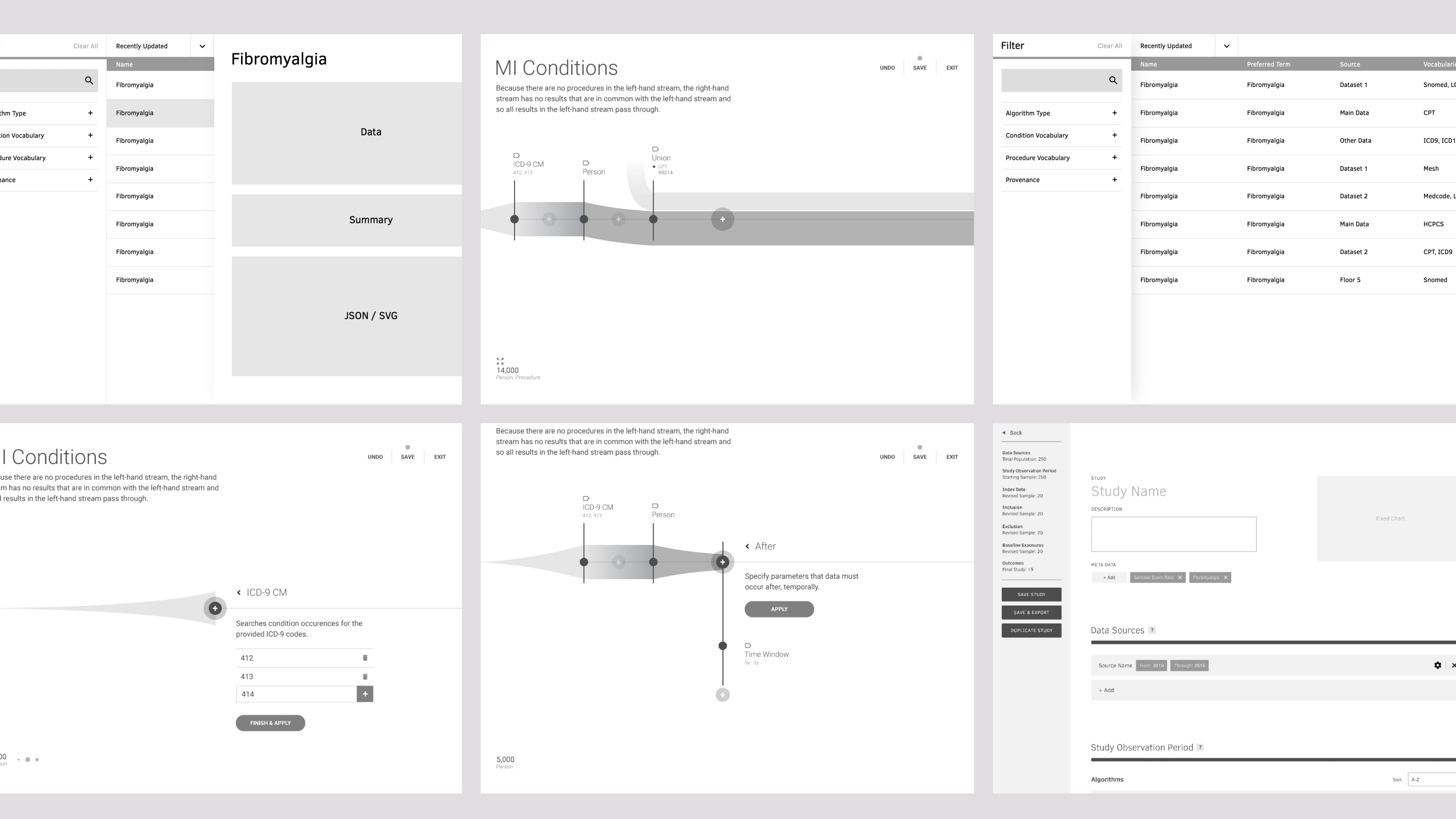 Black-and-white wireframes of user-facing pages