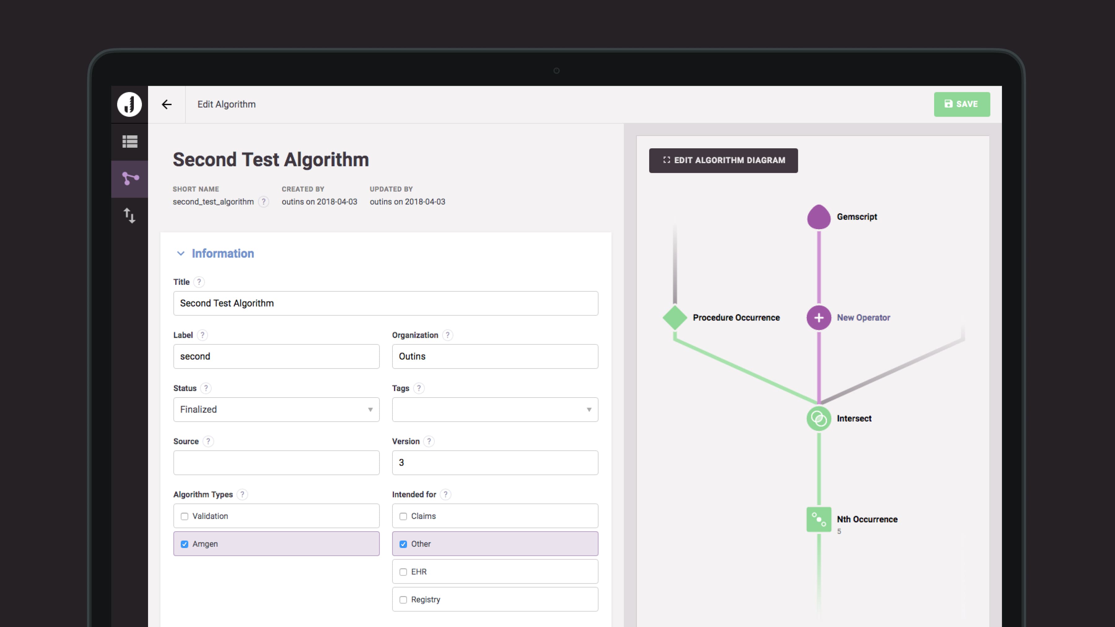 A screenshot of the full algorithm builder and associated form