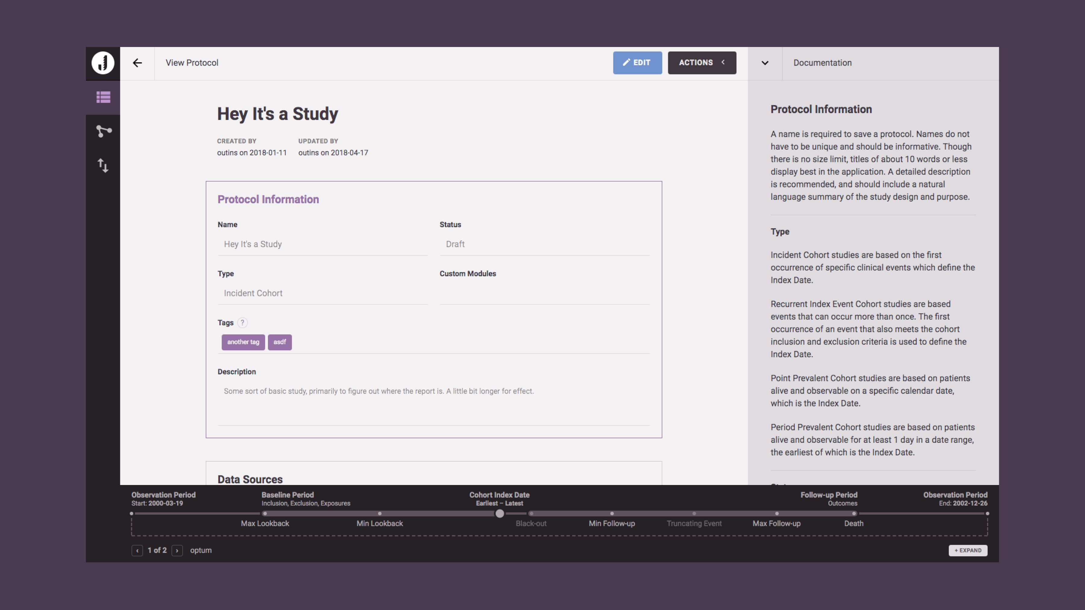 A screenshot of the study cohort creator and optional documentation sidebar