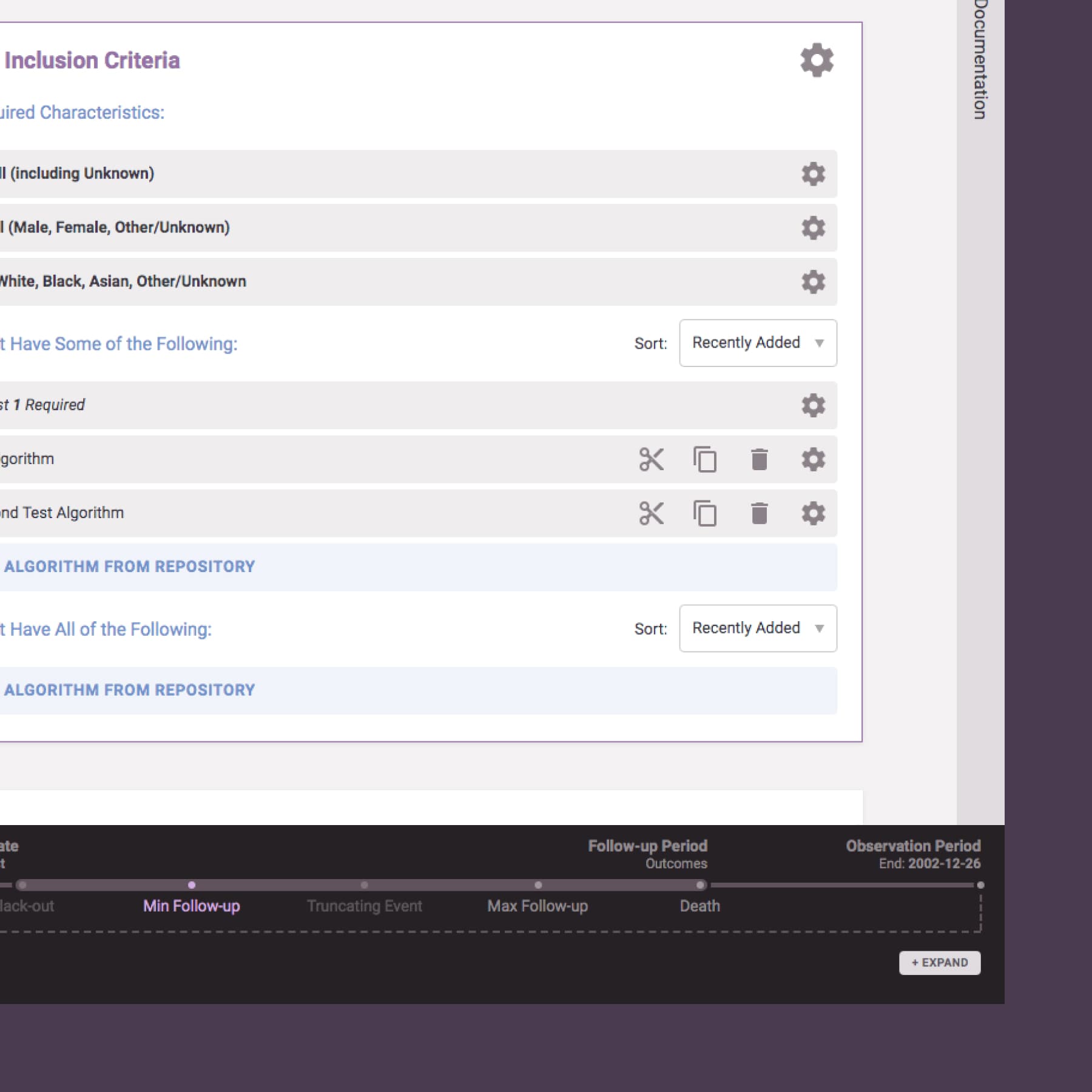 A screenshot of the study cohort timeline and inclusion criteria