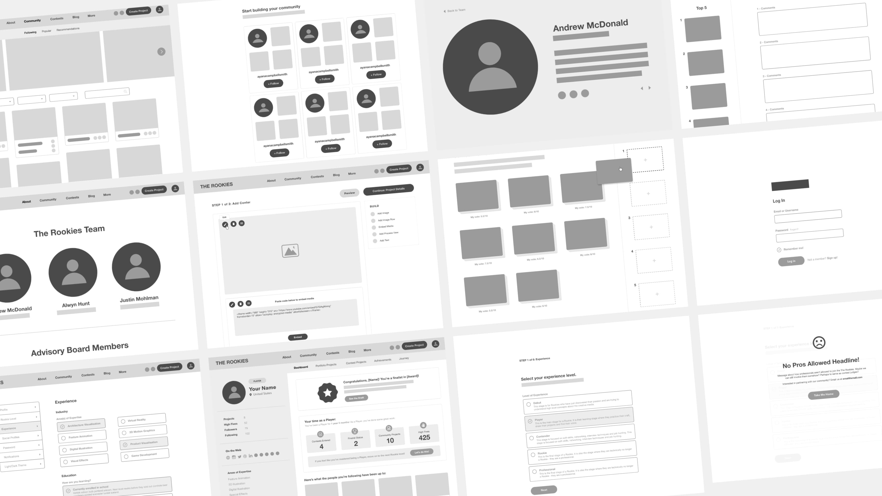 Black-and-white wireframes of user-facing pages