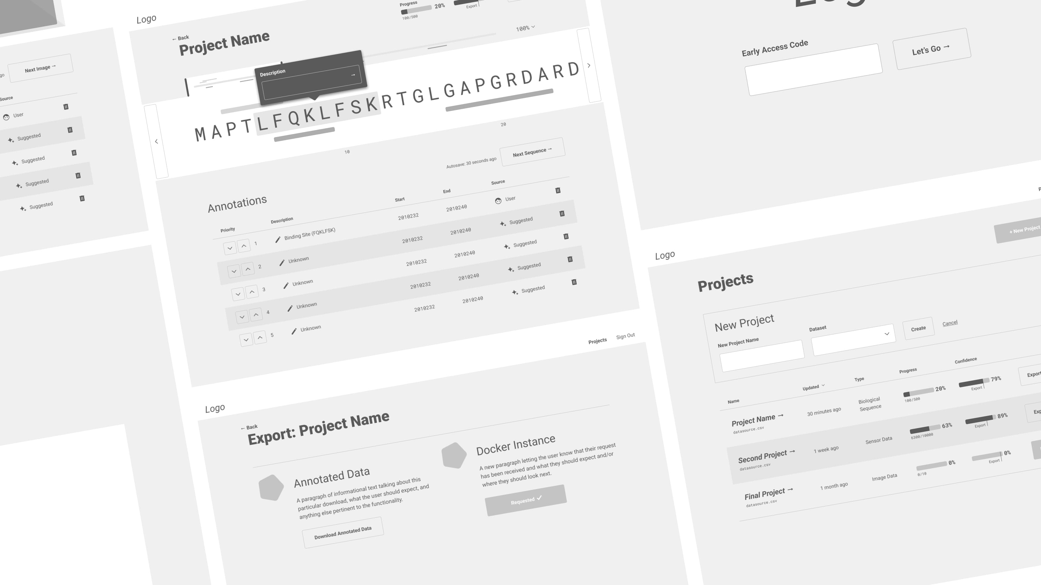 Black-and-white wireframes of user-facing pages