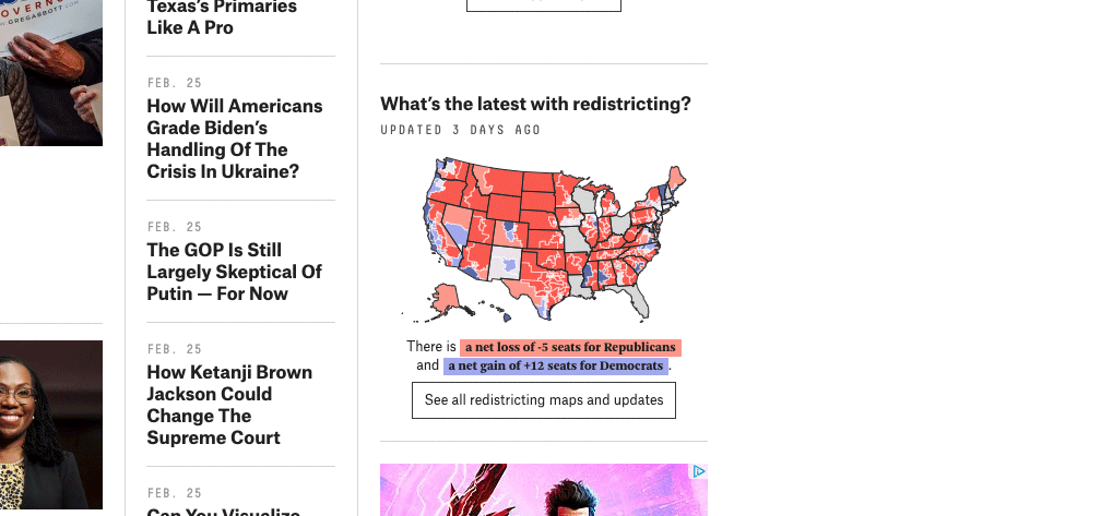 A static, small map from FiveThirtyEight detailing the latest with redistricting in the US