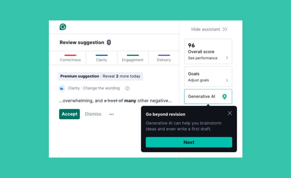 A screenshot of the Grammarly interface, which calls out a new AI feature via tooltip.