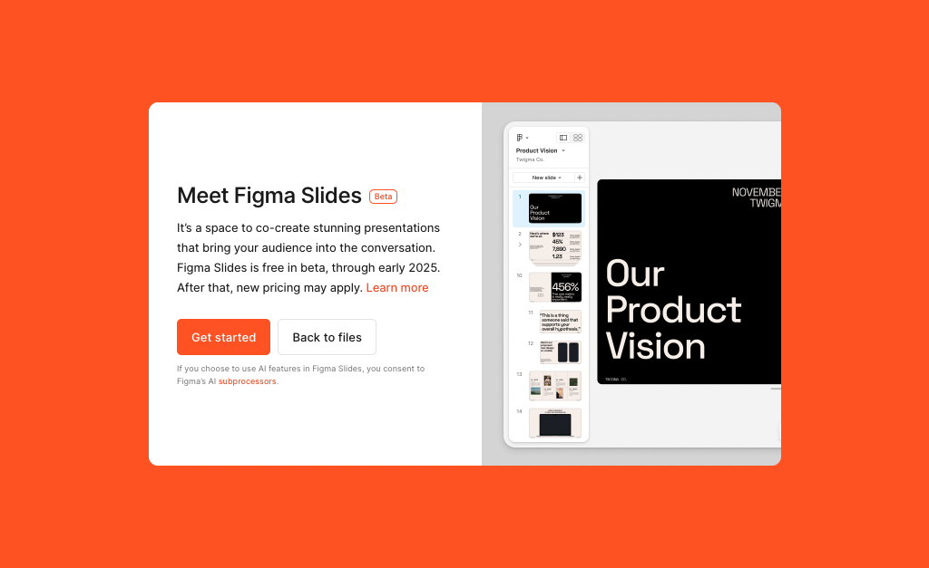 Figma's pop-up onboarding notice for a new feature, Slides.