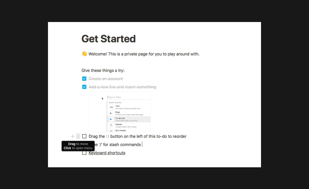 A screenshot of Notion's 'Getting Started' page, which gives the user an interactive way to try a few features out.